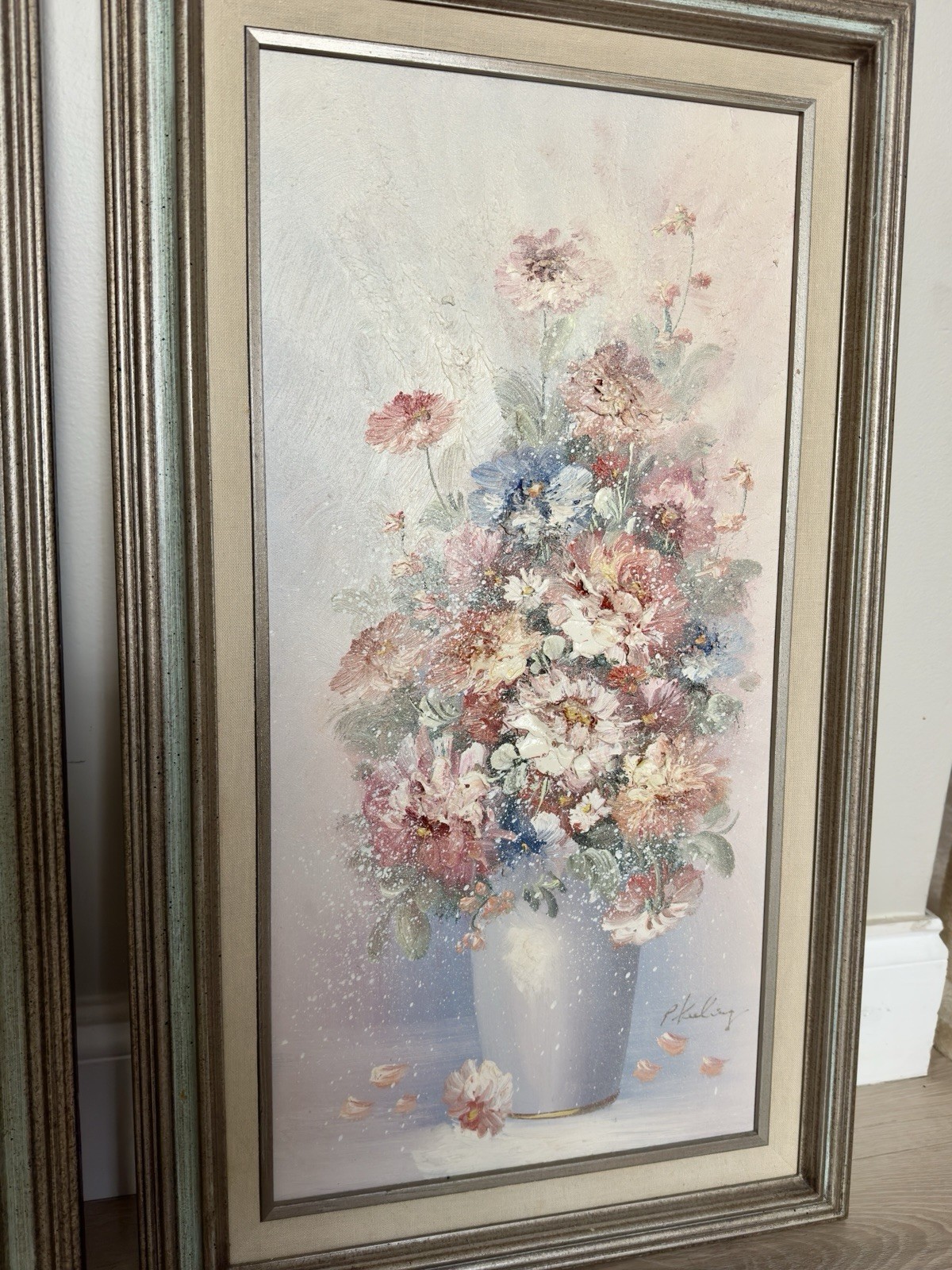 Vintage Framed Floral Painting Textured Canvas Shabby Chic Cottage Decor