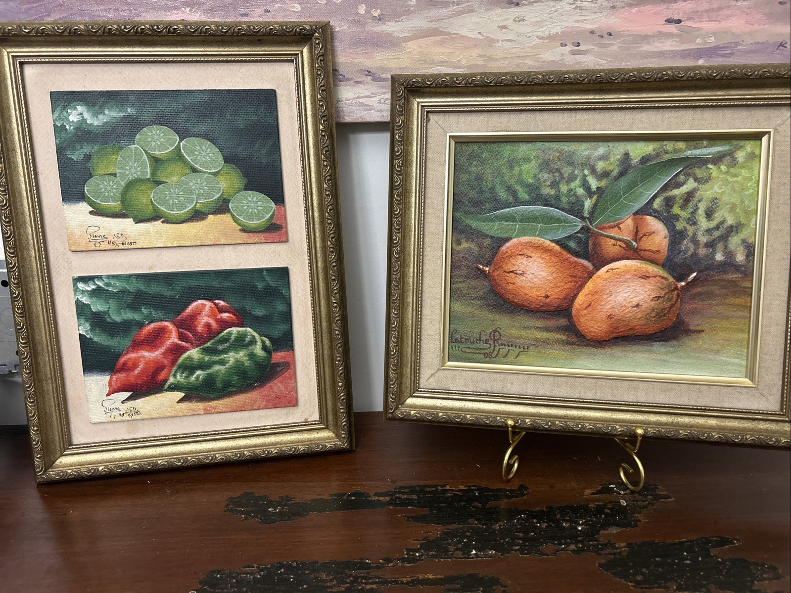 Set Of 2 Original Still Life Paintings Fruits Peppers Signed Brushed Gold Frames