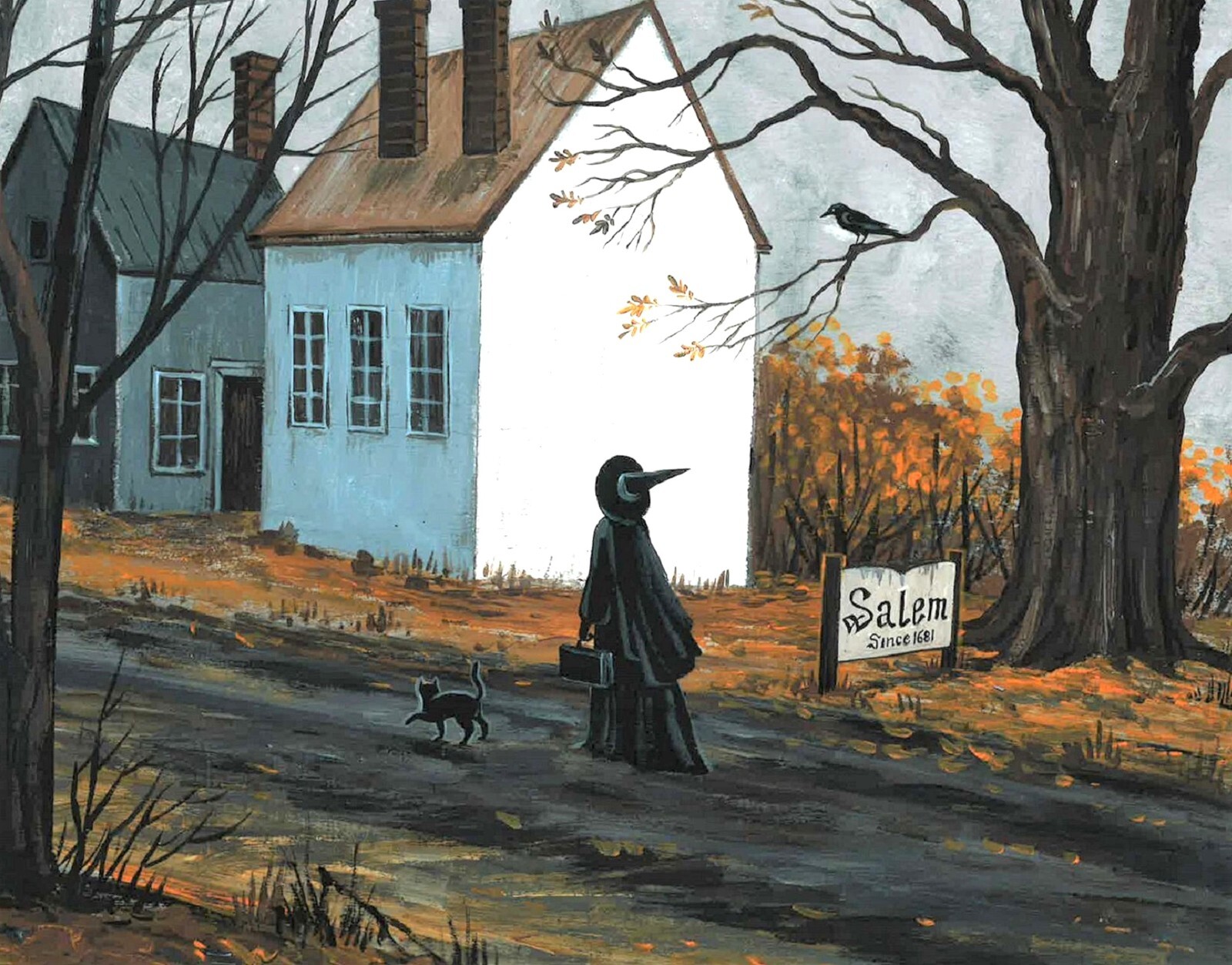 8×10 PRINT OF PAINTING RYTA HALLOWEEN SALEM WITCH HOUSE BLACK CAT Folk Art Fall
