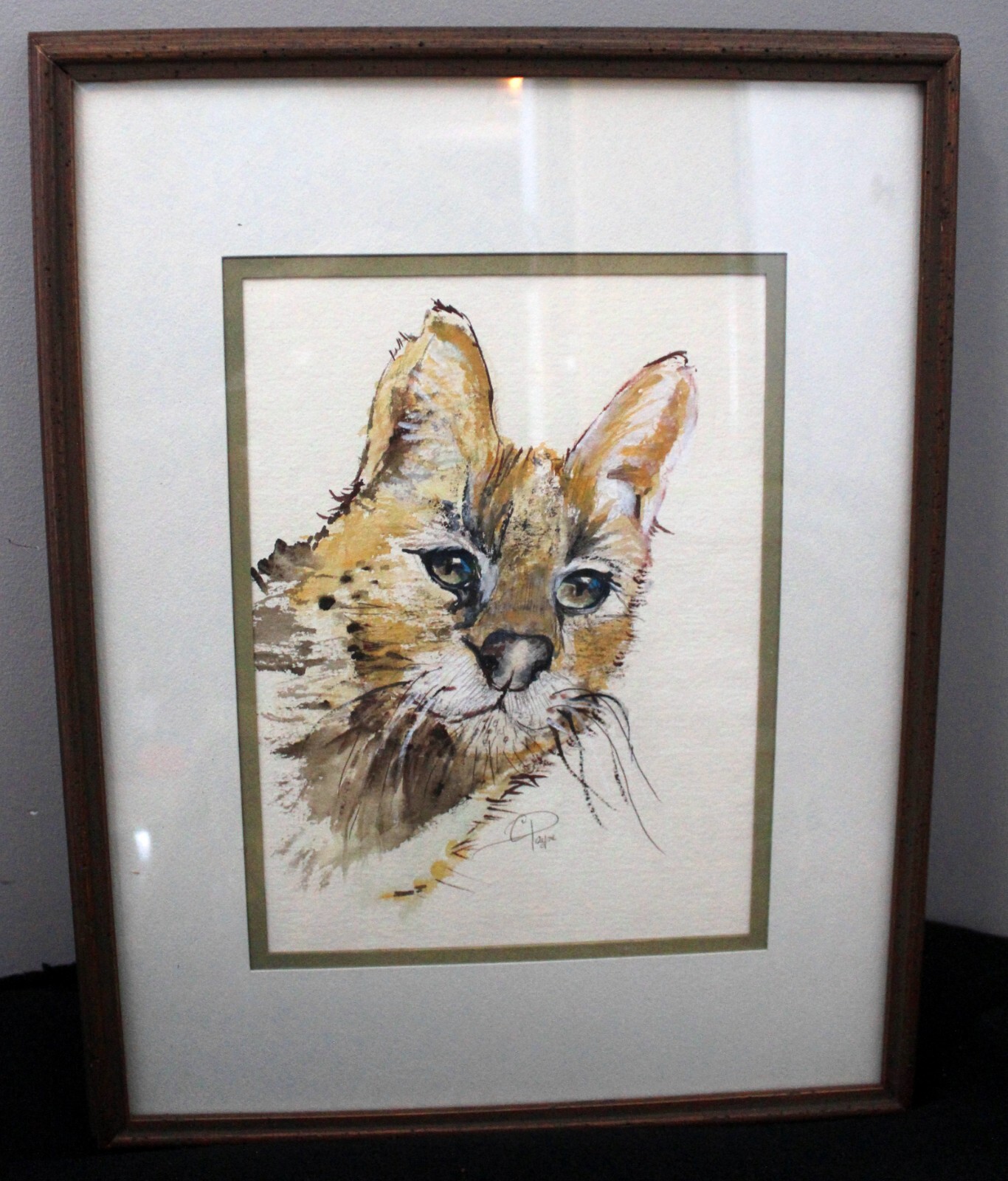 CAROLYN PAYNE SIGNED SPECKLED WILDCAT FRAMED MAT PAINTING PLAZA KANSAS CITY KS