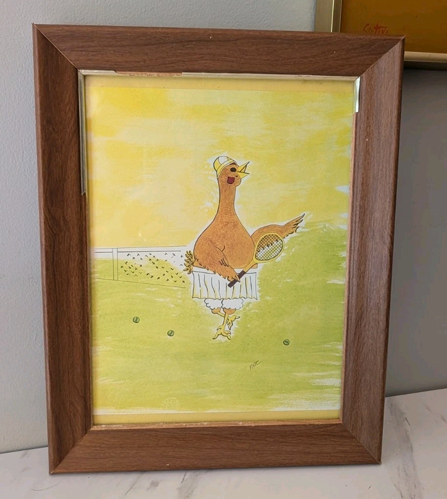 Whimsical Watercolor Illustration Tennis Chicken 14×11″ Framed Weird Quirky Art