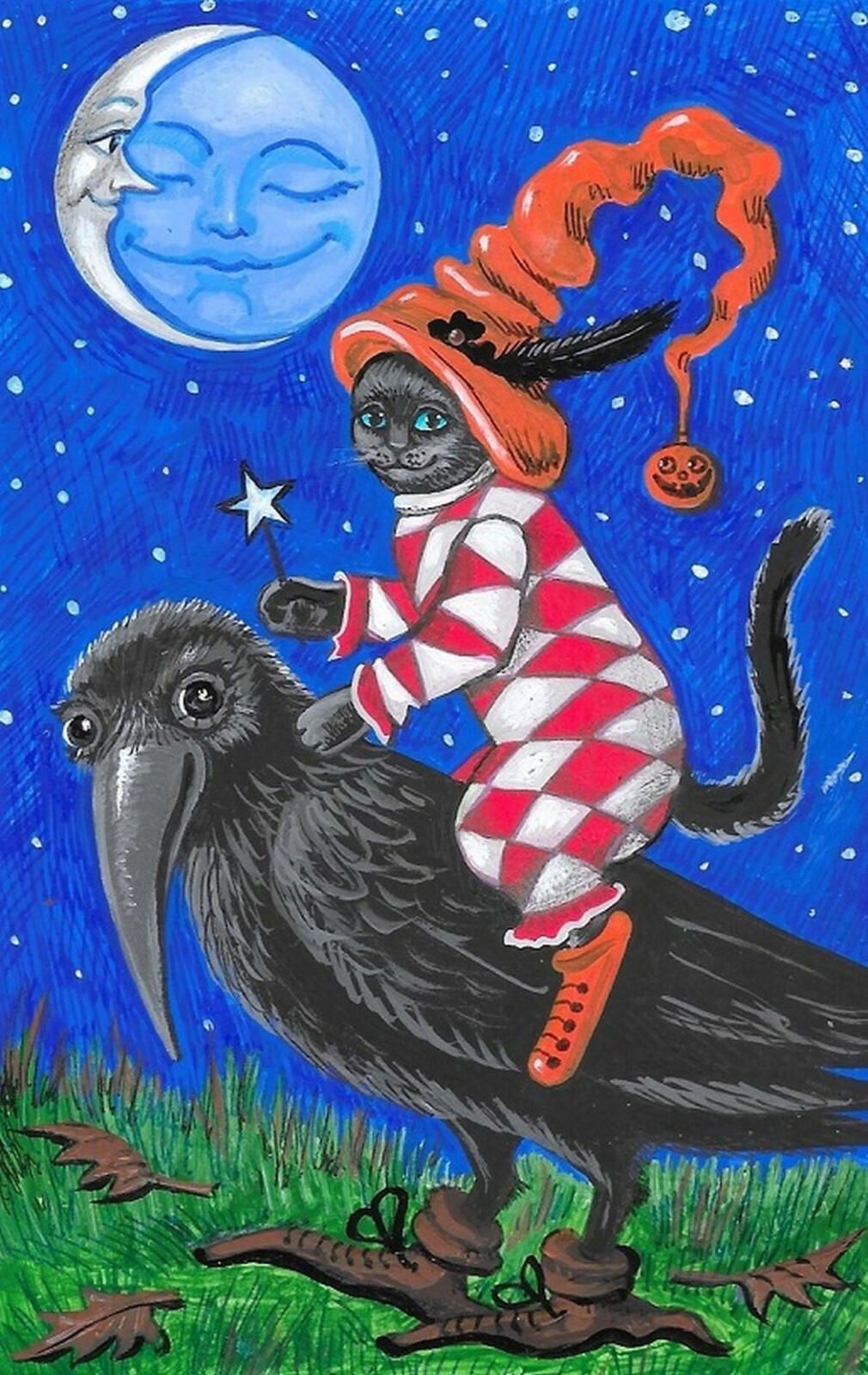 PRINT OF HALLOWEEN PAINTING 5.25 X 8.25 RYTA WITCH FOLK BLACK CAT Art Crow moon