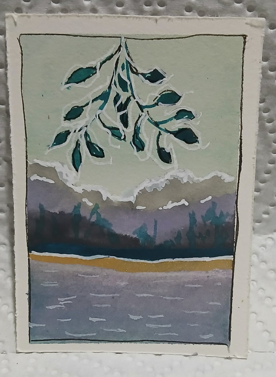 Winter Loch Horizon – OOAK Highland ACEO by Virginia Watercolor Pen