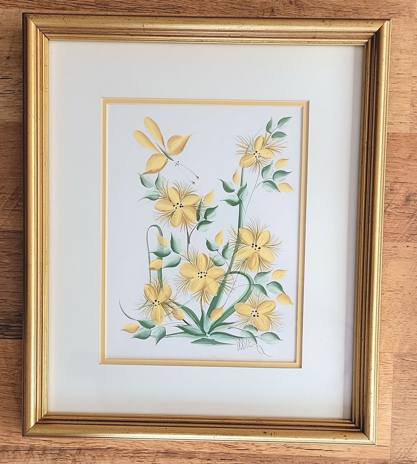 Framed Matted Original Artwork Acrylic Paint On Paper Yellow Flowers Signed