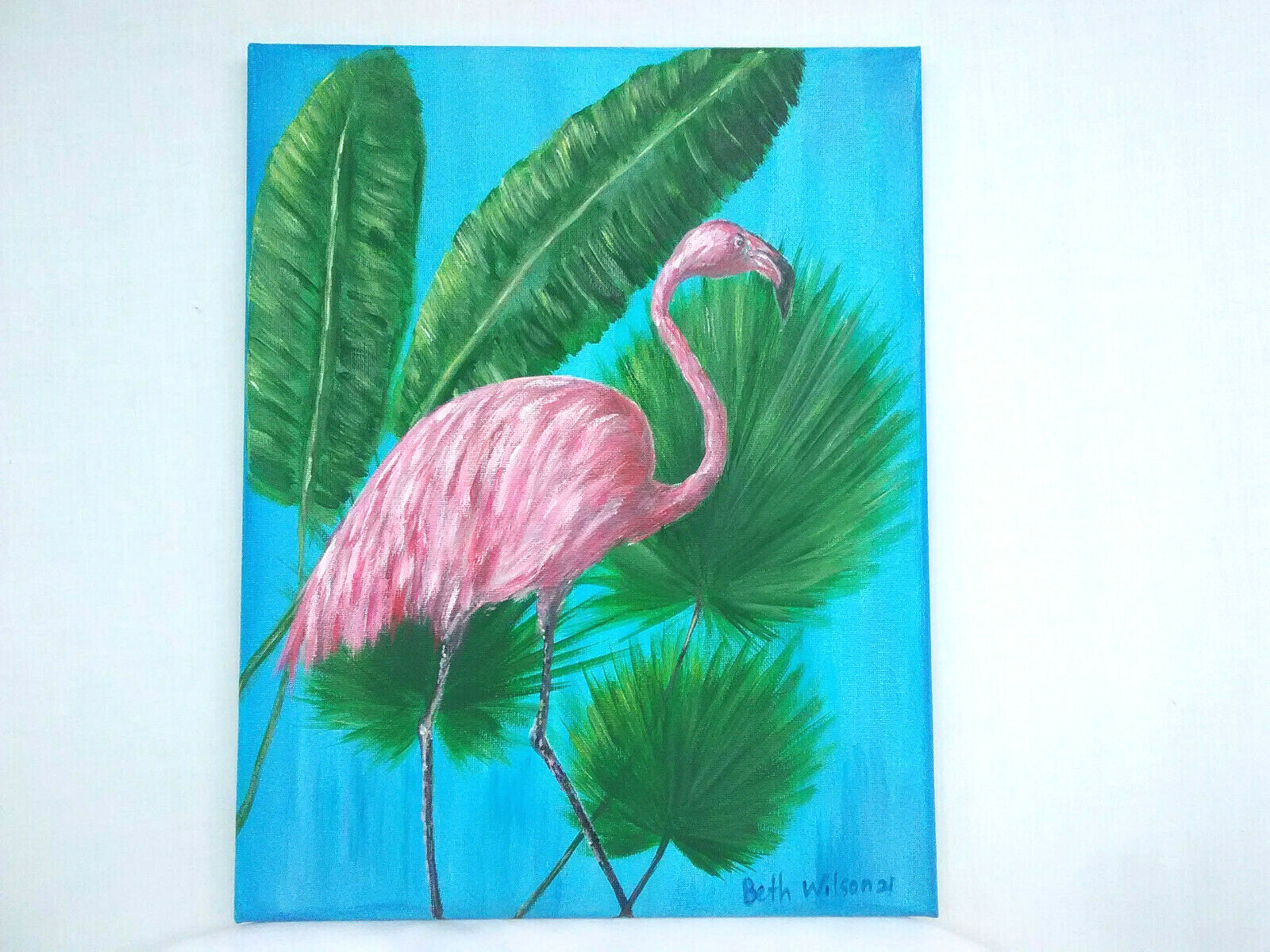 Original Acrylic Painting 11×14 Canvas Pink Flamingo Tropical Coastal Wall Art