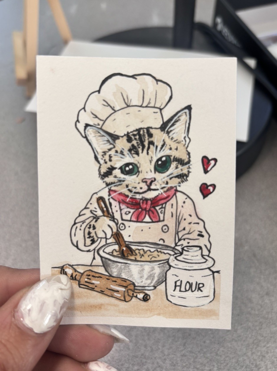 ACEO Original Cat chef baking food whiskers and workboots 2/8 Madison Knoll