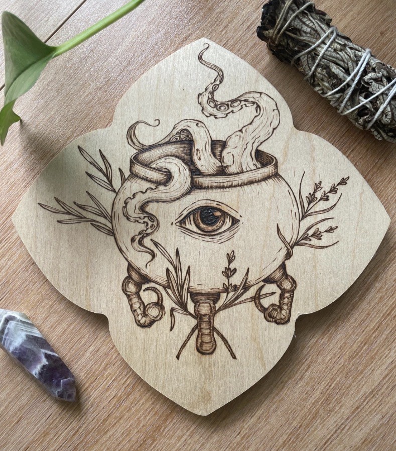 Cauldron Wood burning OOAK Octopus Herbs Witchy Art CalicoCallieInk Pagan Spooky