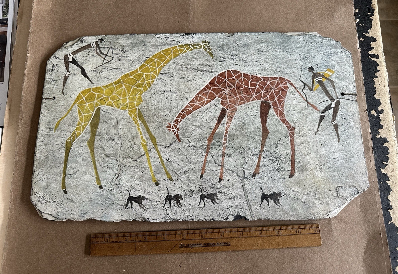Magnificent 11″ x 18″ Cave Hunt Type Oil Painting on Slate Prehistoric Replica