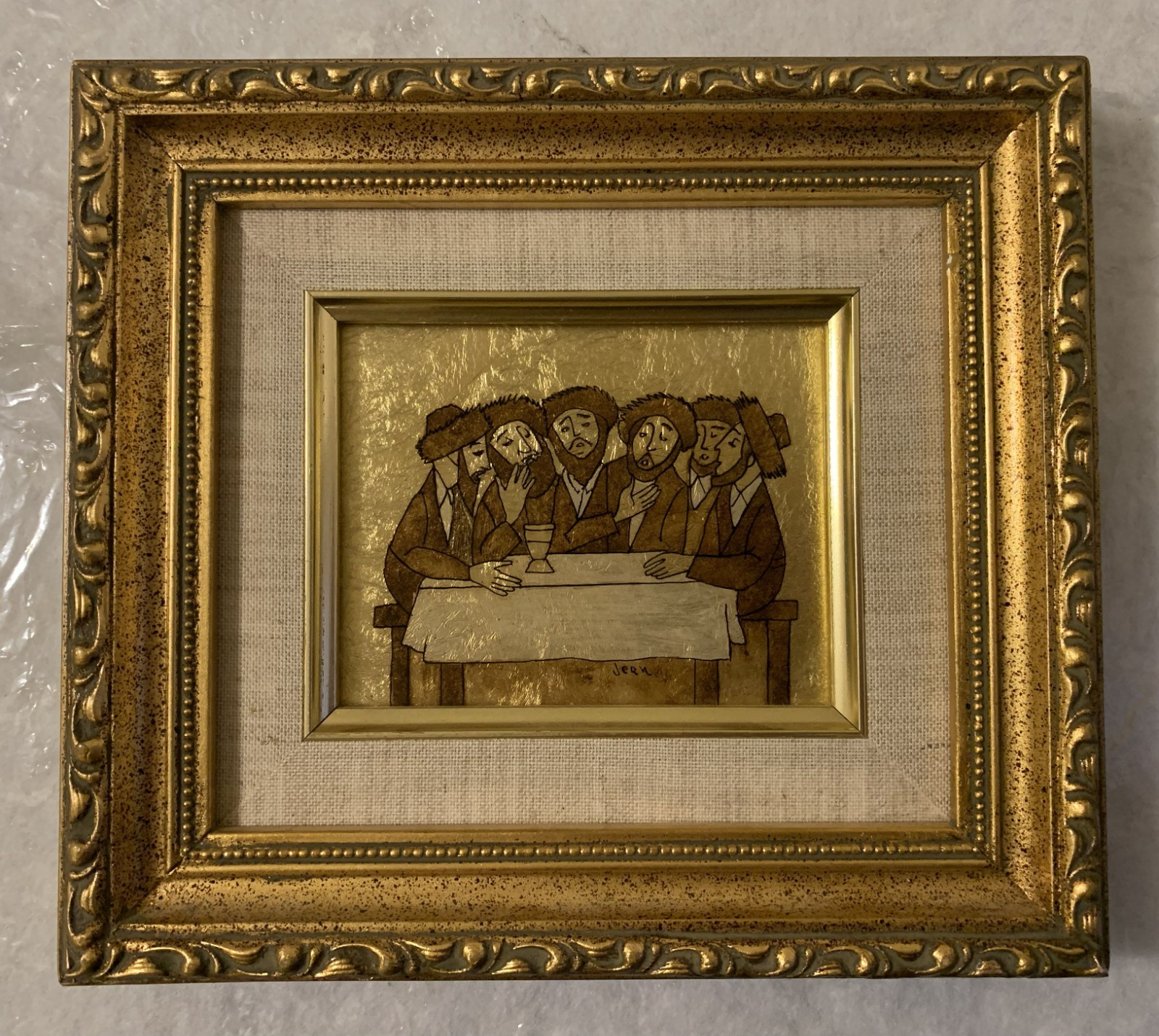 original signed Religious Folk Art Gold Leaf Foil Painting Jewish Men Judaica