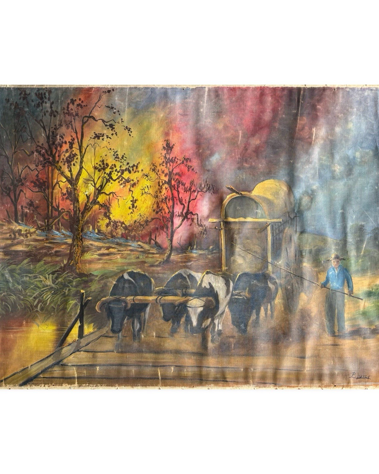 An Old Original Painting Signed Benedito Luizi Cowboy Western Wagon Mill Road