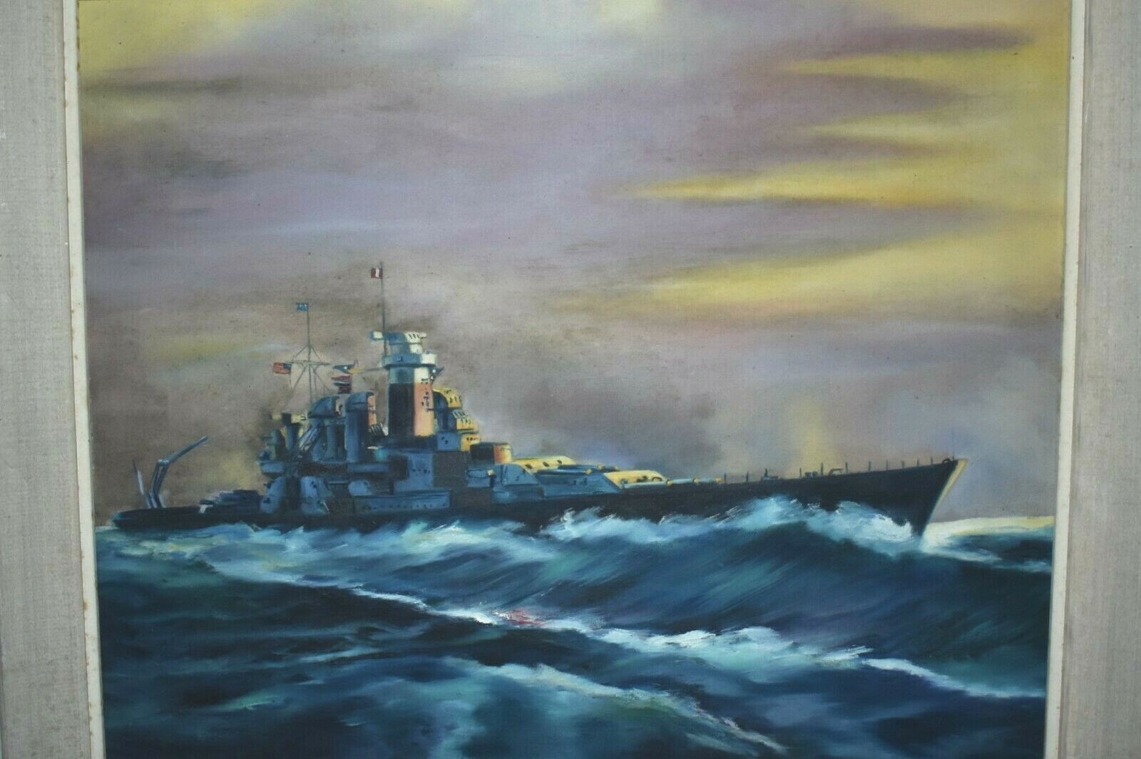 Vintage M. ERNST Navy Ship Acrylic Canvas Painting Signed Framed