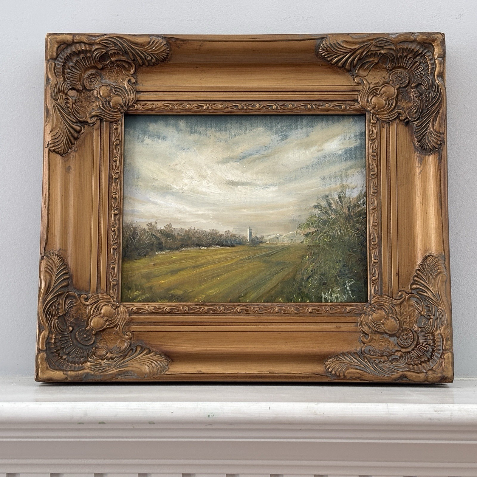 Original Rural Scene Tower Cloudy Landscape Painting Gold Antique Frame OAK Sign