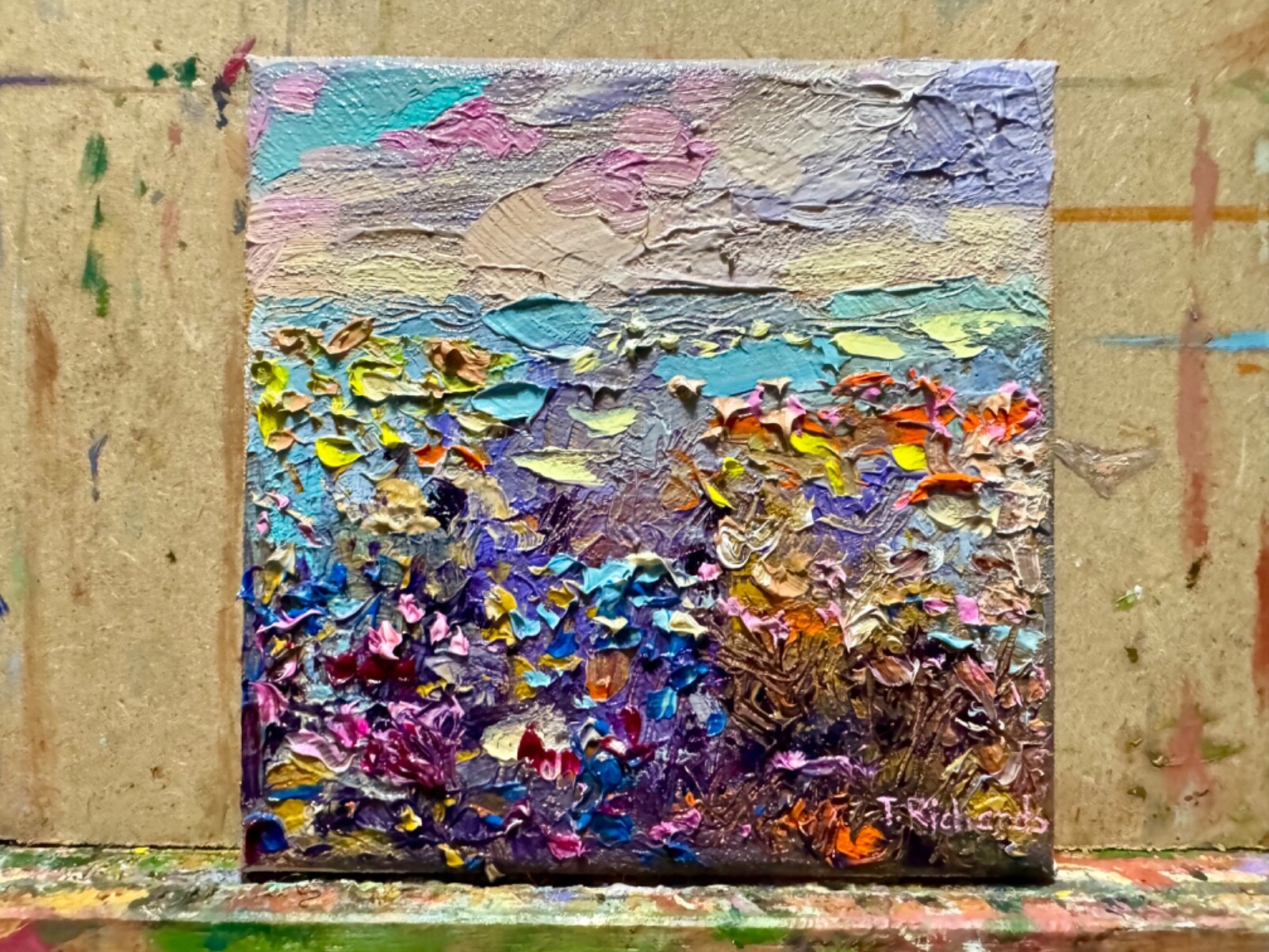 Wildflowers Oil painting ORIGINAL art Lupine floral field artwork Landscape 6×6″