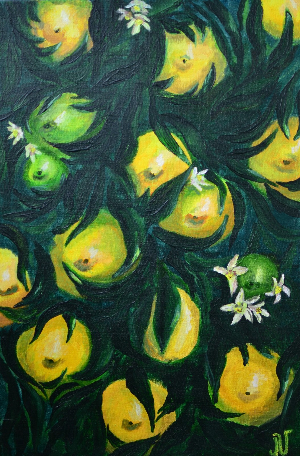 Original Acrylic Painting Citrus Fruit Lemon on the tree with flowers 16×24 in