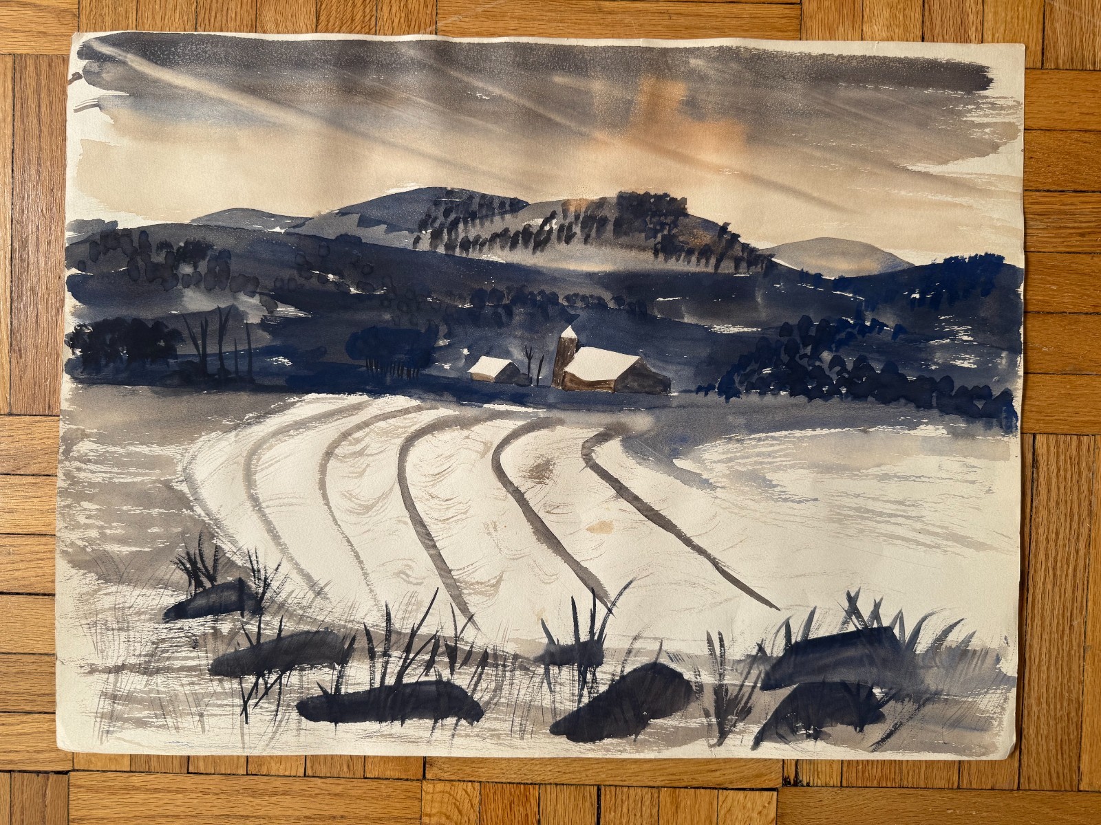 Vintage 1950’s Watercolor Painting Snowy Landscape Barn Field OOAK 18 x 24