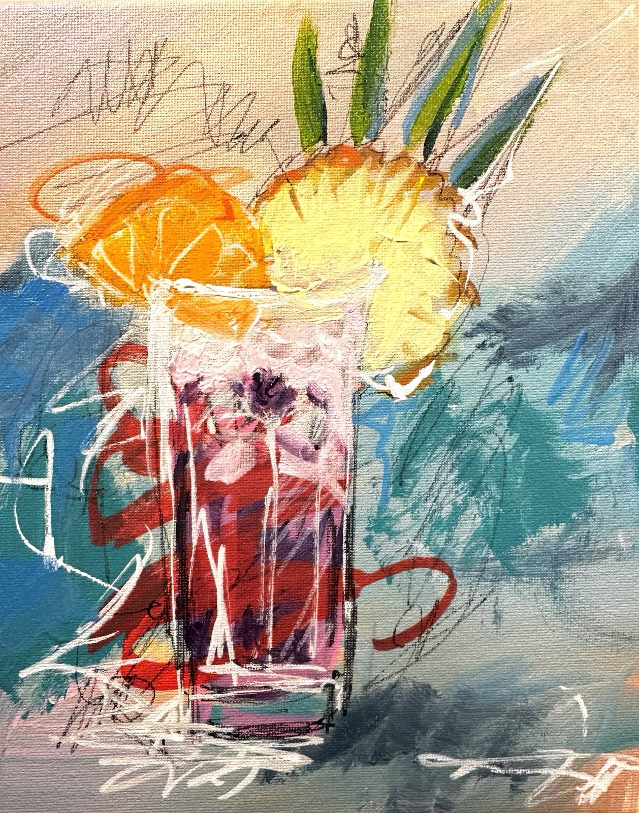 SAMATOWIC Original Abstract 8×10 Poolside Drinks Hand Painted Signed Decor 245