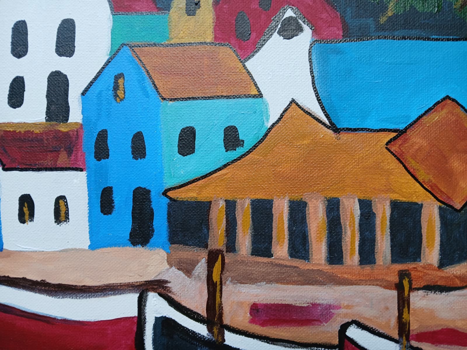 Impressionism 16×20 Seaside VillageHandmade Signed Colorful Art Painting
