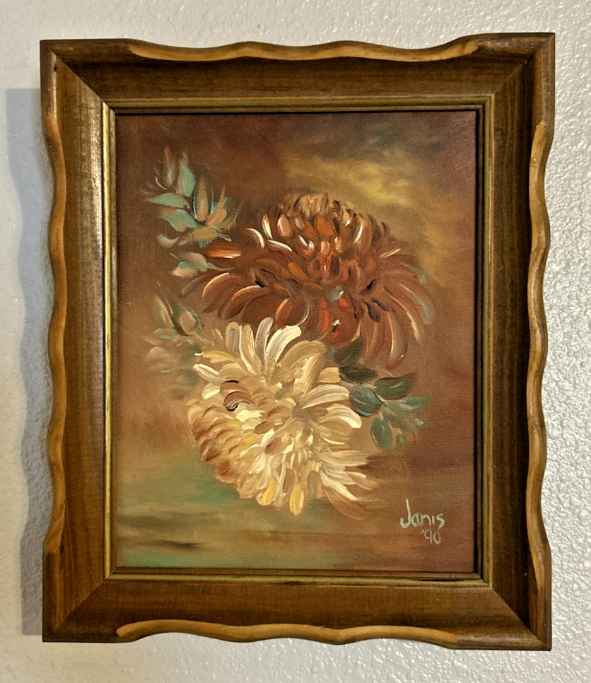 Vintage Still Life Oil Painting On Canvas Chrysanthemums Orange, Beige, Brown
