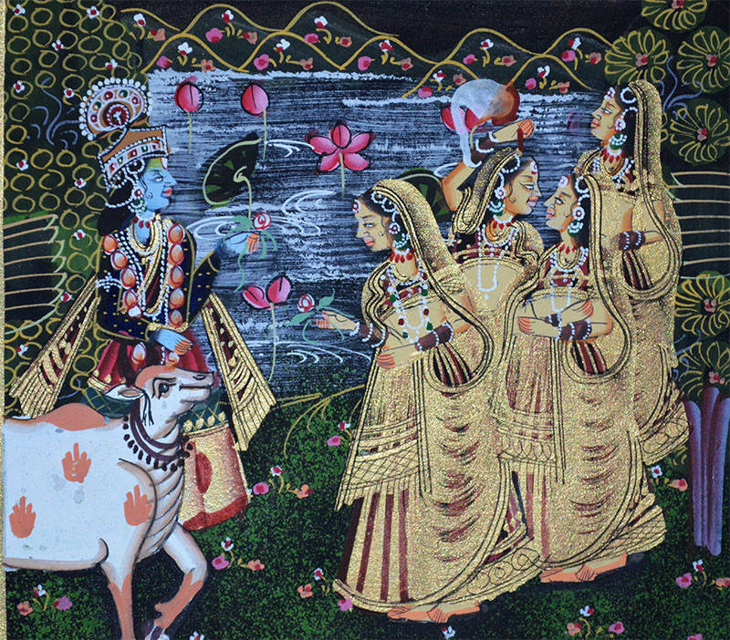 Radha Krishna Miniature Original Painting on Silk Cloth India Natural Colors!