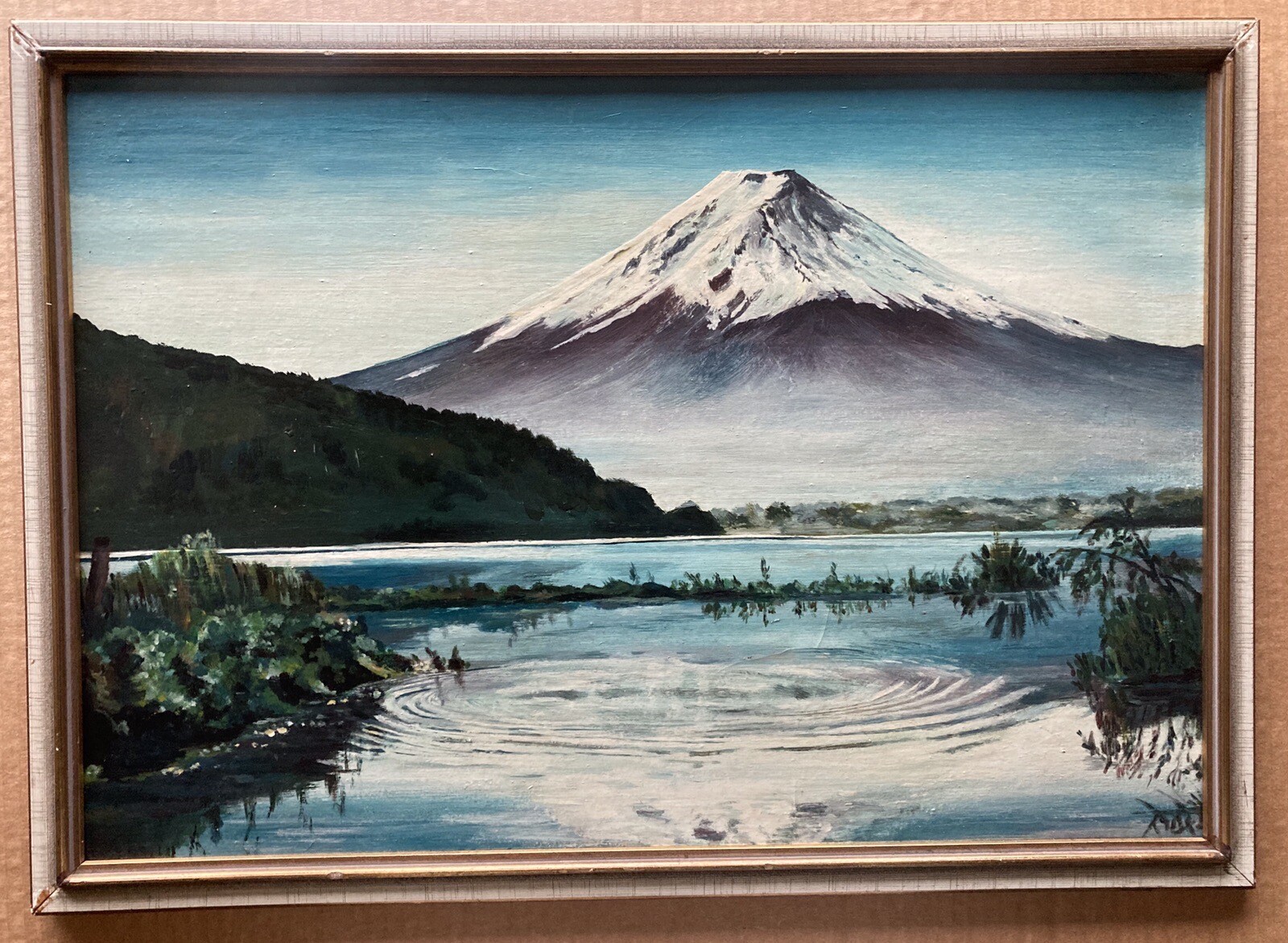 Vintage Enigmatic Painting – Mt. Fuji from Lake Shoji – Frame 16.5” x 23”