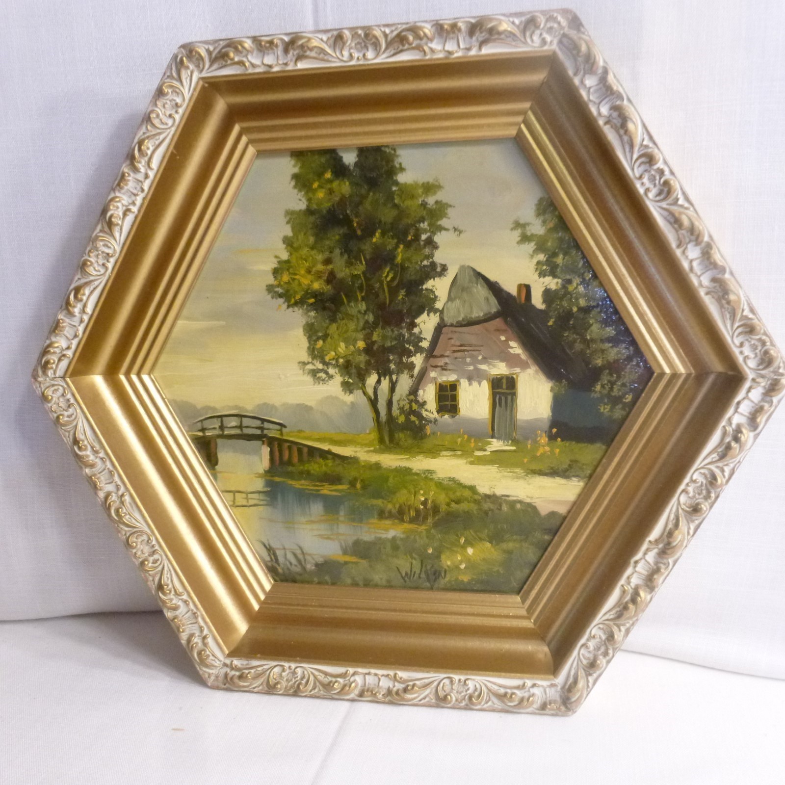 Cottage by River Signed WILGEM-Hand Painted Oil-Nu Mold Creation 10X10 Frame