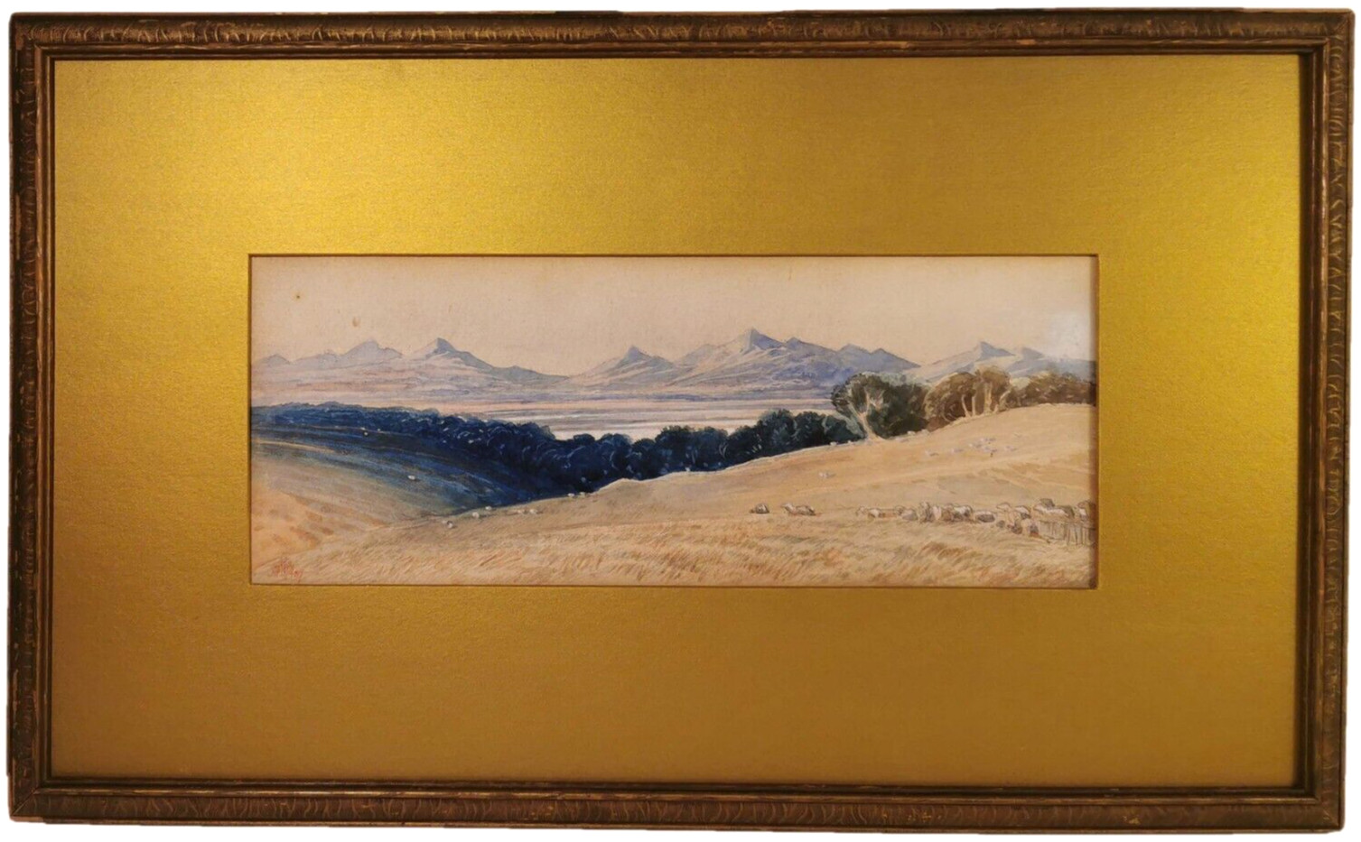VN. O’REILLEY 1889 ANTIQUE SGND WESTERN W/C ROCKY MOUNTAINS, GRAZING SHEEP, FRMD