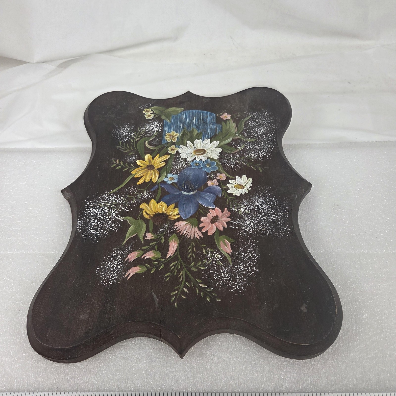 Vintage 1987 Caroline De Mars Hand Painted Floral Wood Plaque Signed Tole USA