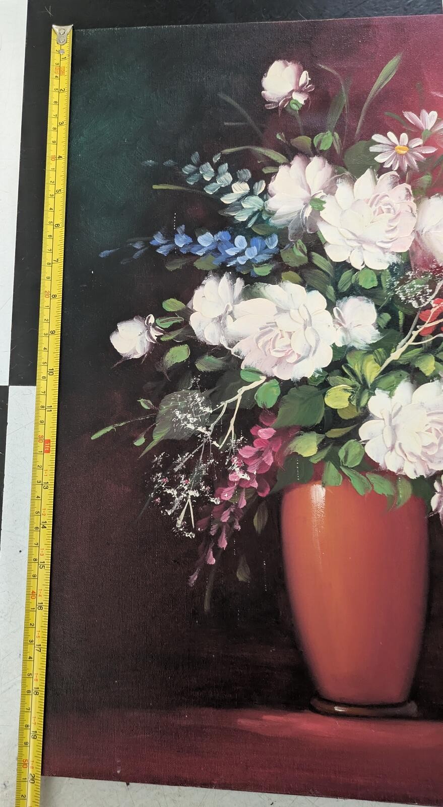 Original Painting, Florals in vase, White on Burgundy & Reds, 20 x 16 in canvas