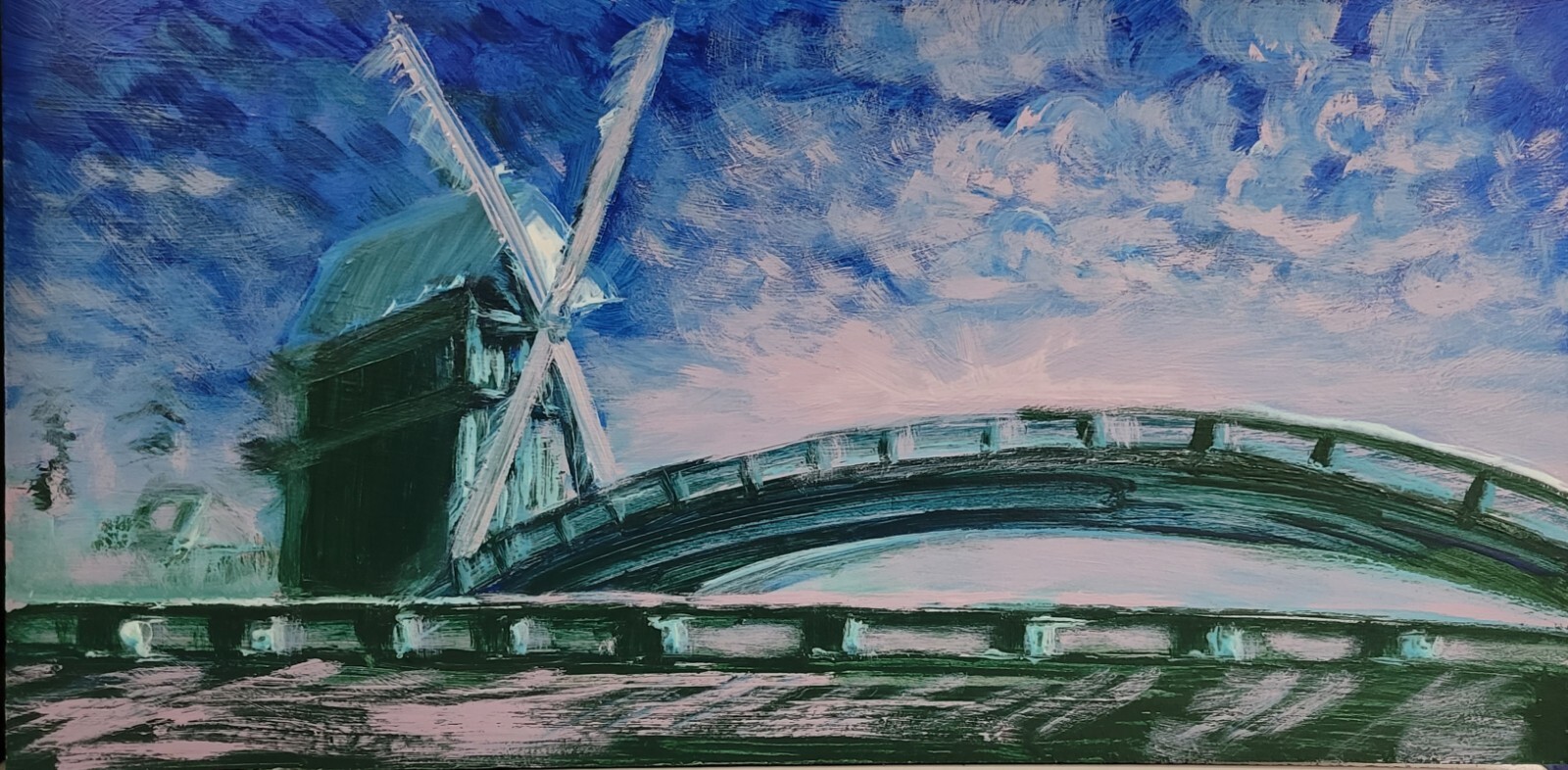 Original Painting Old Windmill Near Bridge Landscape 10×20 Fauvism Art Signed MK