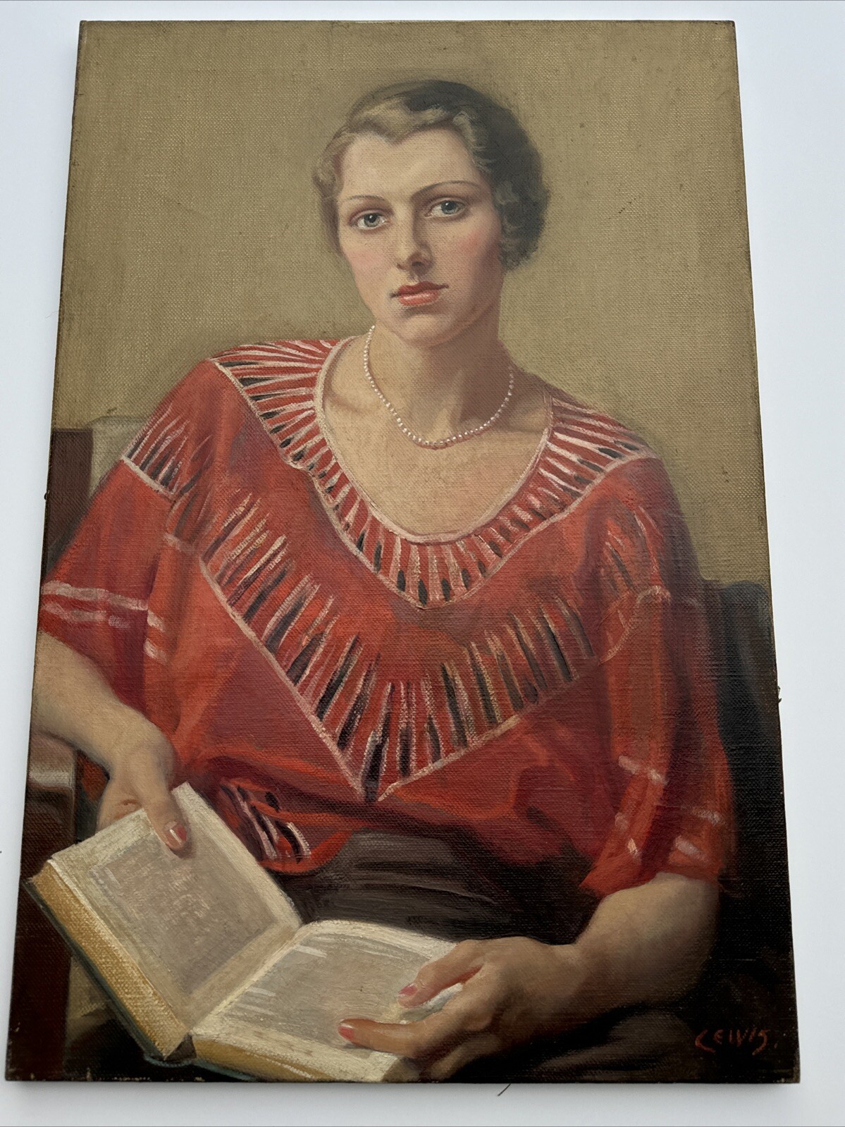 ANTIQUE PORTRAIT PAINTING PRETTY WOMAN FEMALE MODEL OIL ART DECO SIGNED LEWIS