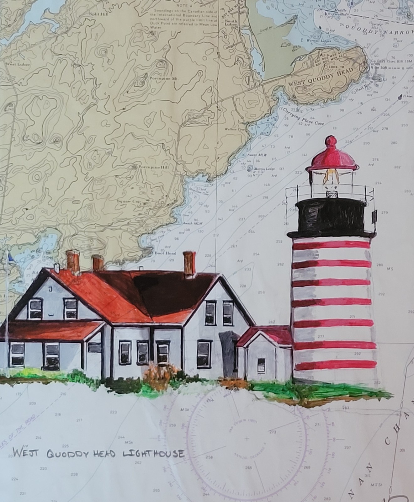 Maine Lighthouse Art On a Antique Nautical Map West Quoddy Head Lighthouse