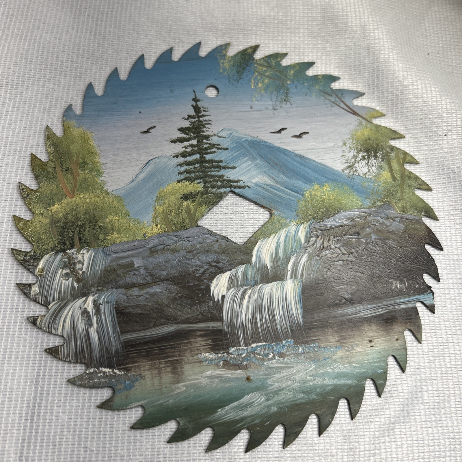 Hand Painted Waterfalls Landscape Painting On 7 1/4 “ Saw Blade Artist Signed