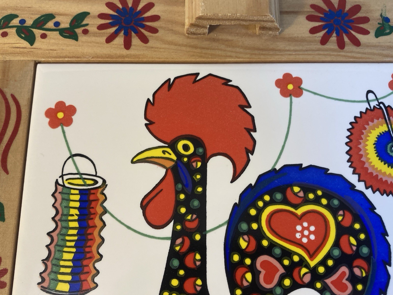 Hand-painted multicolor rooster trivet in a wooden frame Portugal signed Nuanca