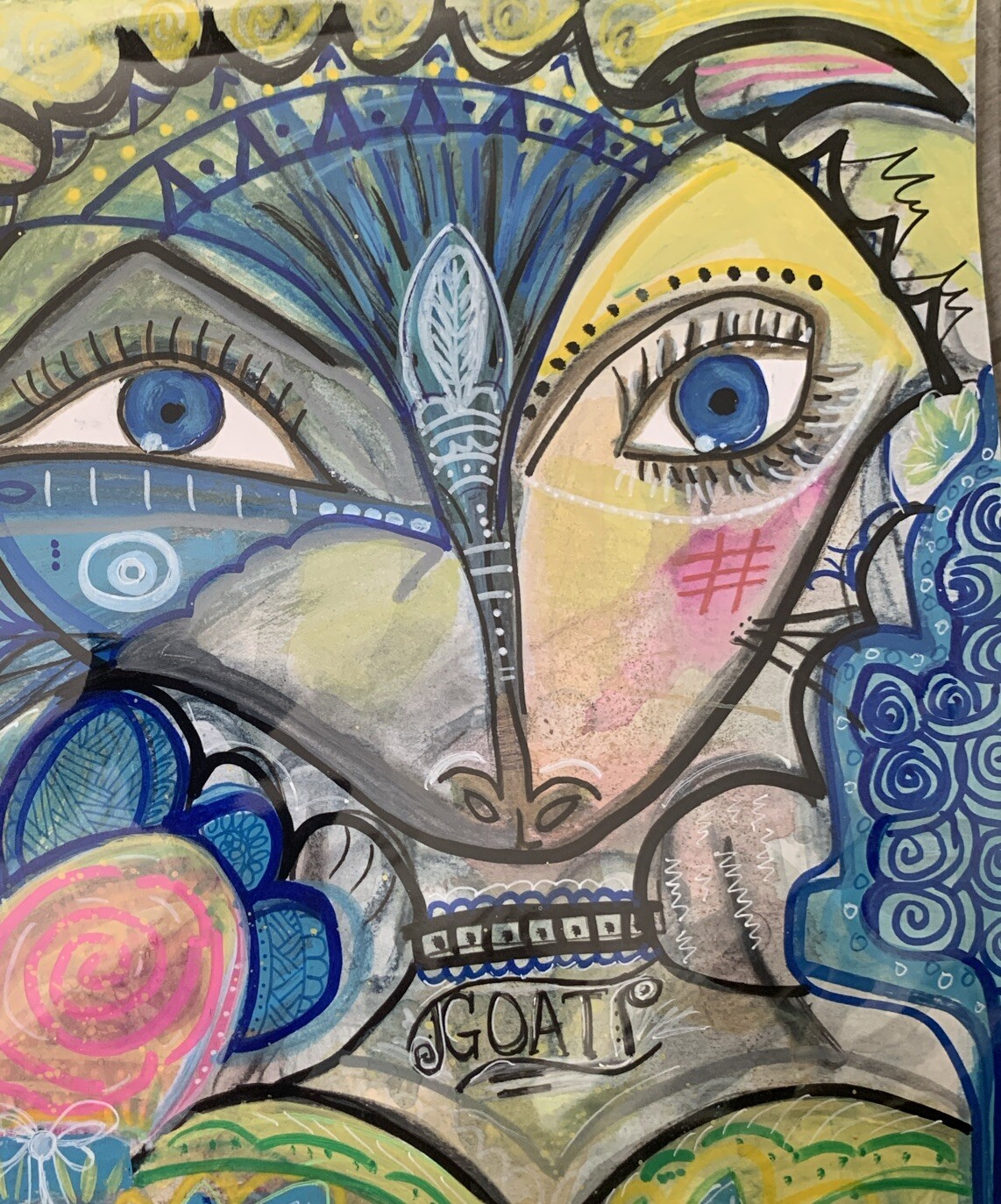Moody Capricorn, Abstract GOAT Painting Pretty Eyes And Flowers Ooak Painting