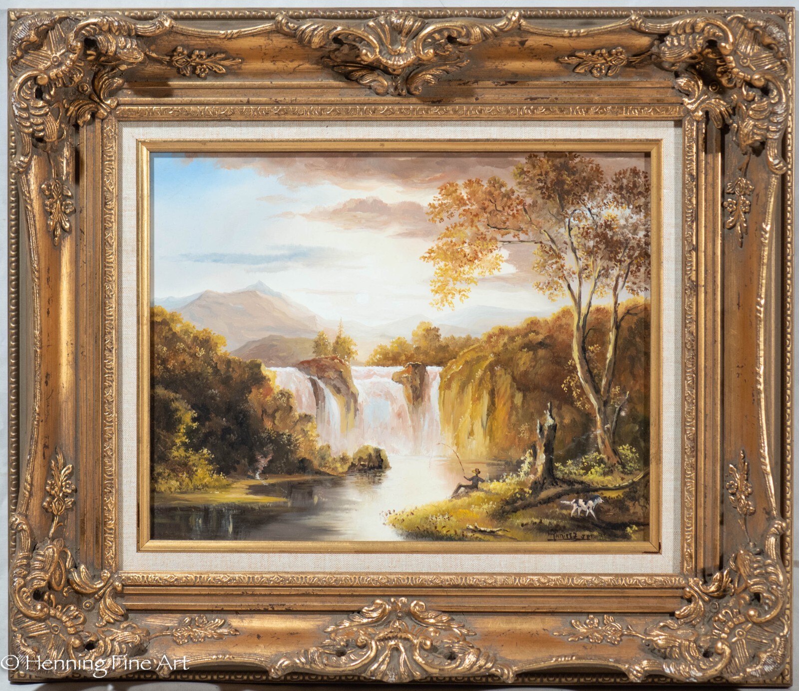 Beautiful Vintage Oil Painting English Landscape Waterfall Mts by Henry Ramirez