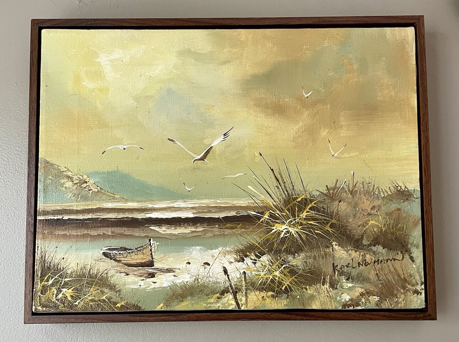 Original Signed KARL NEUMANN Oil Painting Vintage Beach Front/boat Art Framed