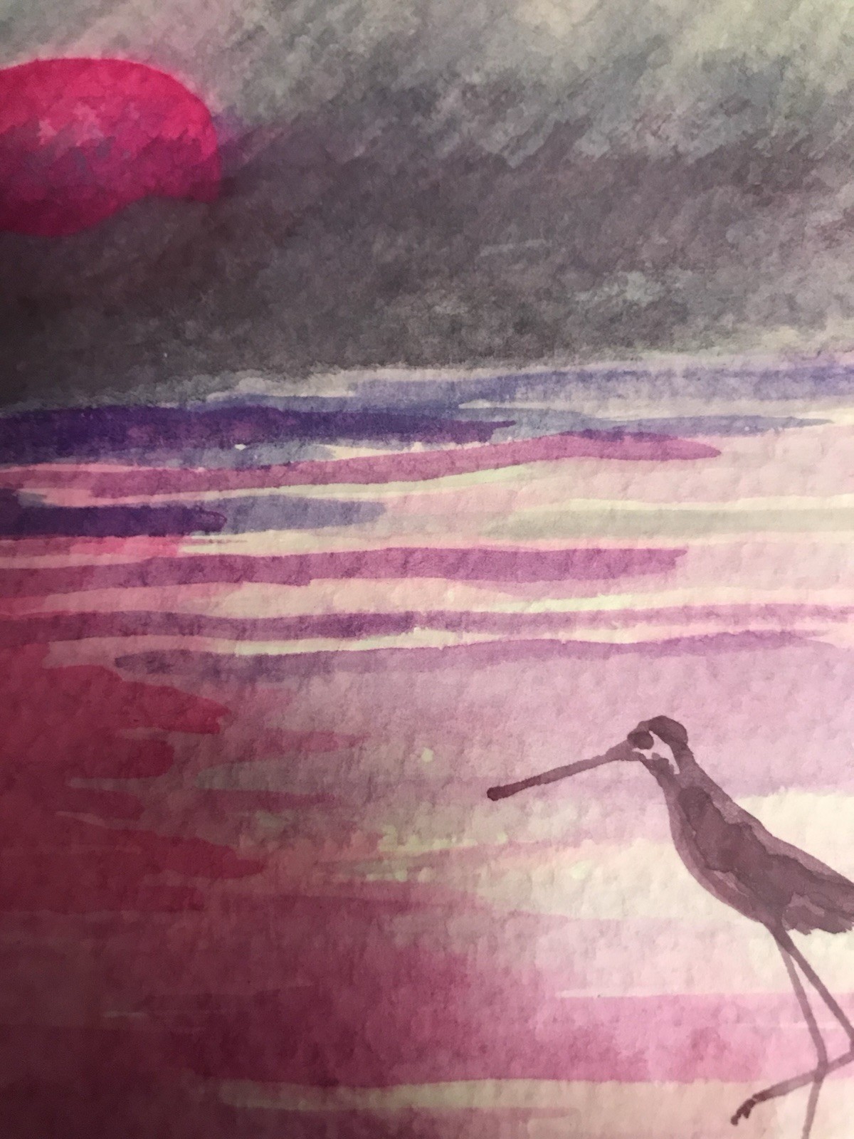 R.A. Young, Vintage, 1988Seascape Sunset Shorebirds Watercolor Painting on Paper
