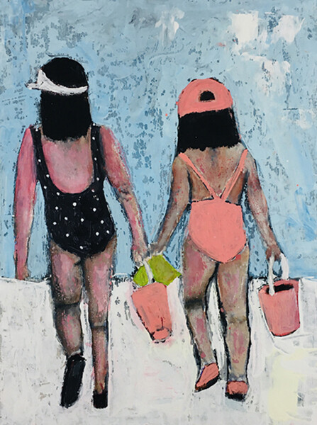 Summer Beach Painting Family Children Sisters Girls 9×12 Original Sea Wall Art