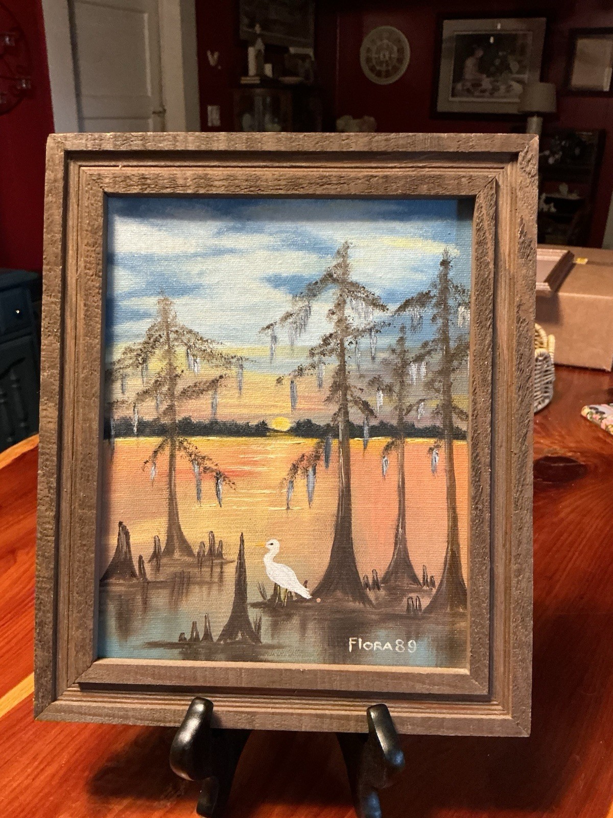 Vtg 8×10 Original Oil Painting Signed Swamp/Marsh/Landscape Rustic Frame