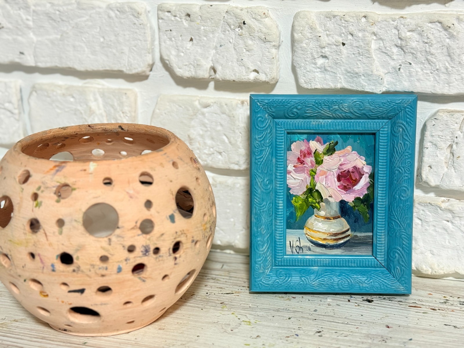 Original Oil Painting Pink Peonies Flowers Still life Vase Art Framed 4×5 in