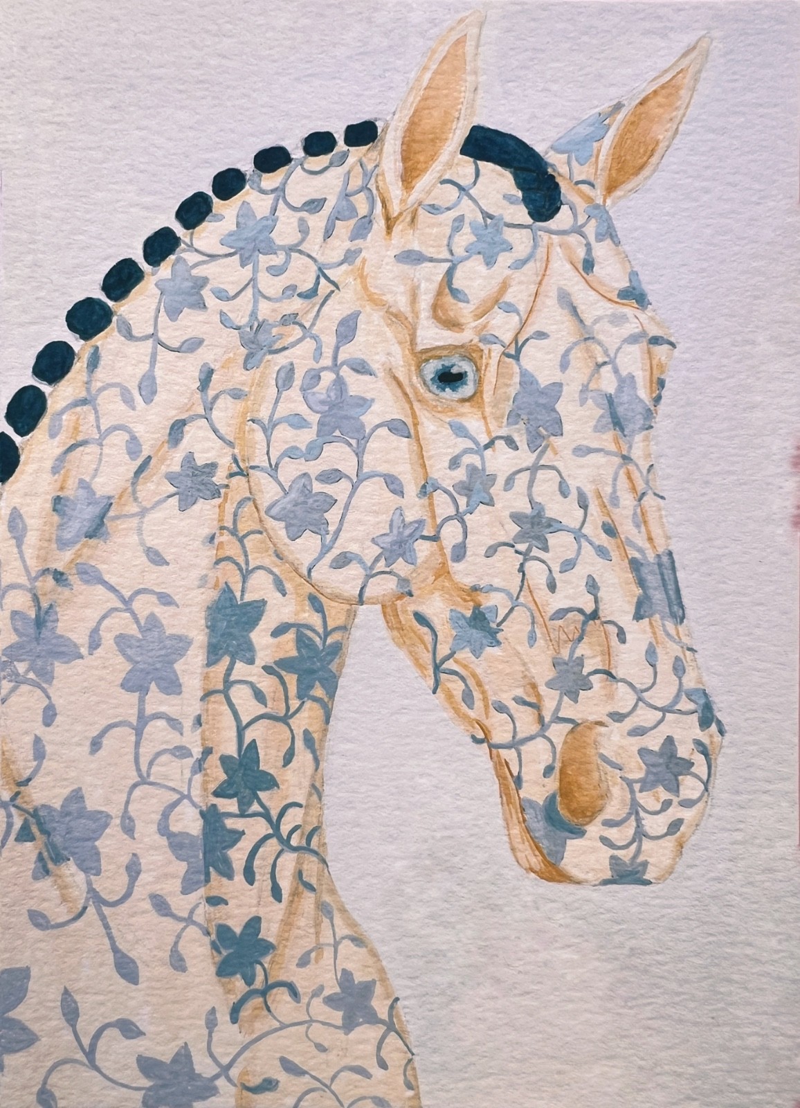 original painting porcelain horse gouache on paper 5×7 blue flower china pattern