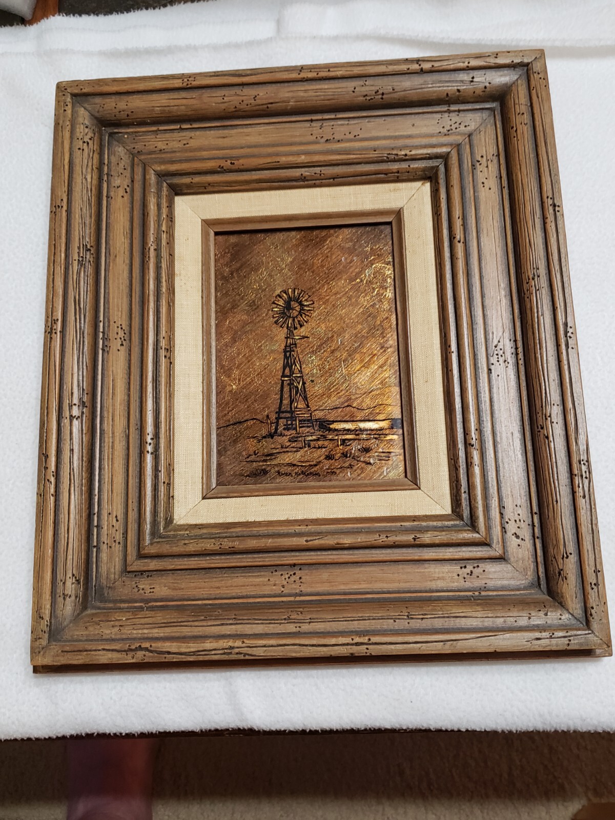 Vintage Distressed Wood Frame, Linen Liner, Ink/Glass, 14.5″x12.5″, 6.5″x4.5″