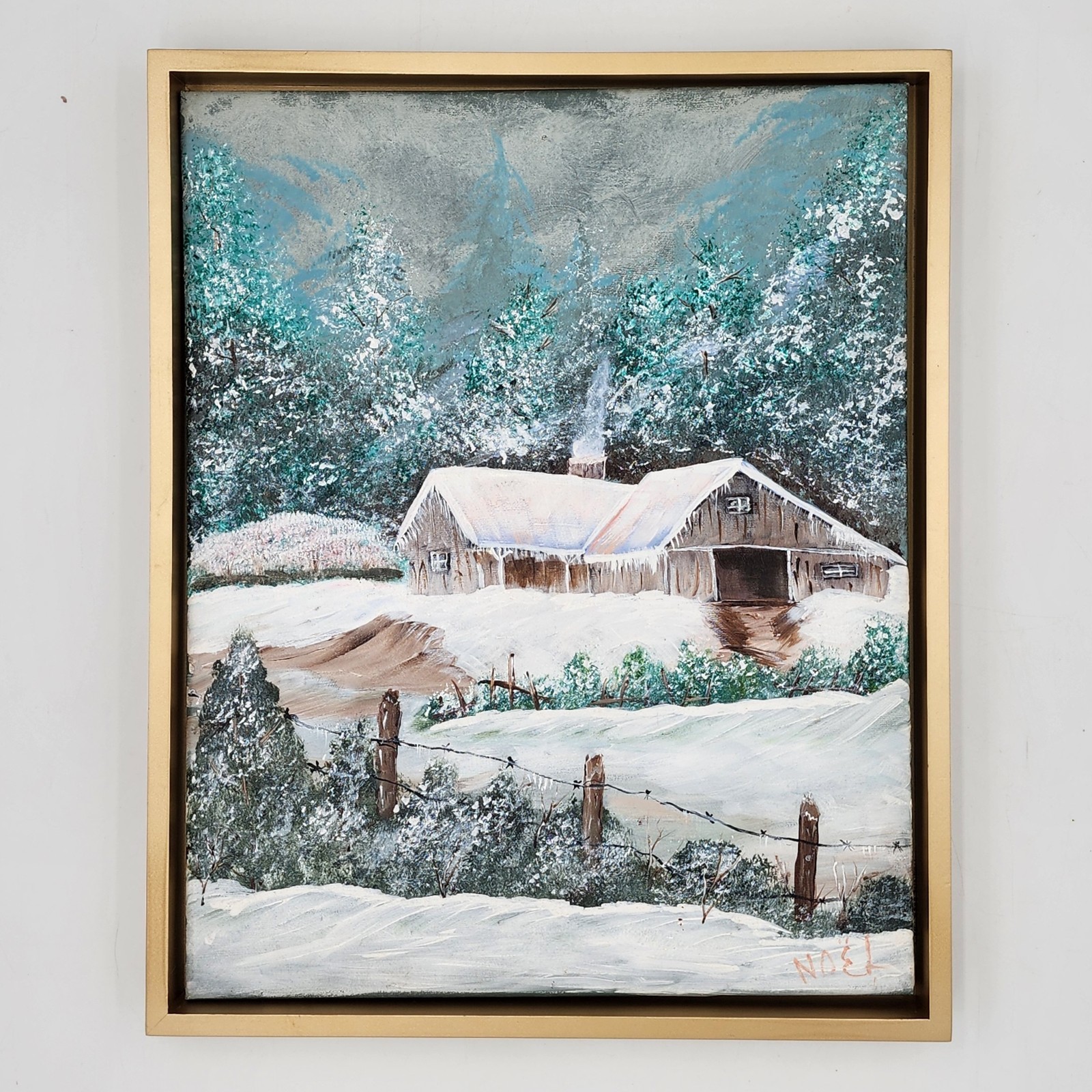 Original Winter Landscape Oil Painting Snowy Barn Farm Signed Noel 17×21 Framed