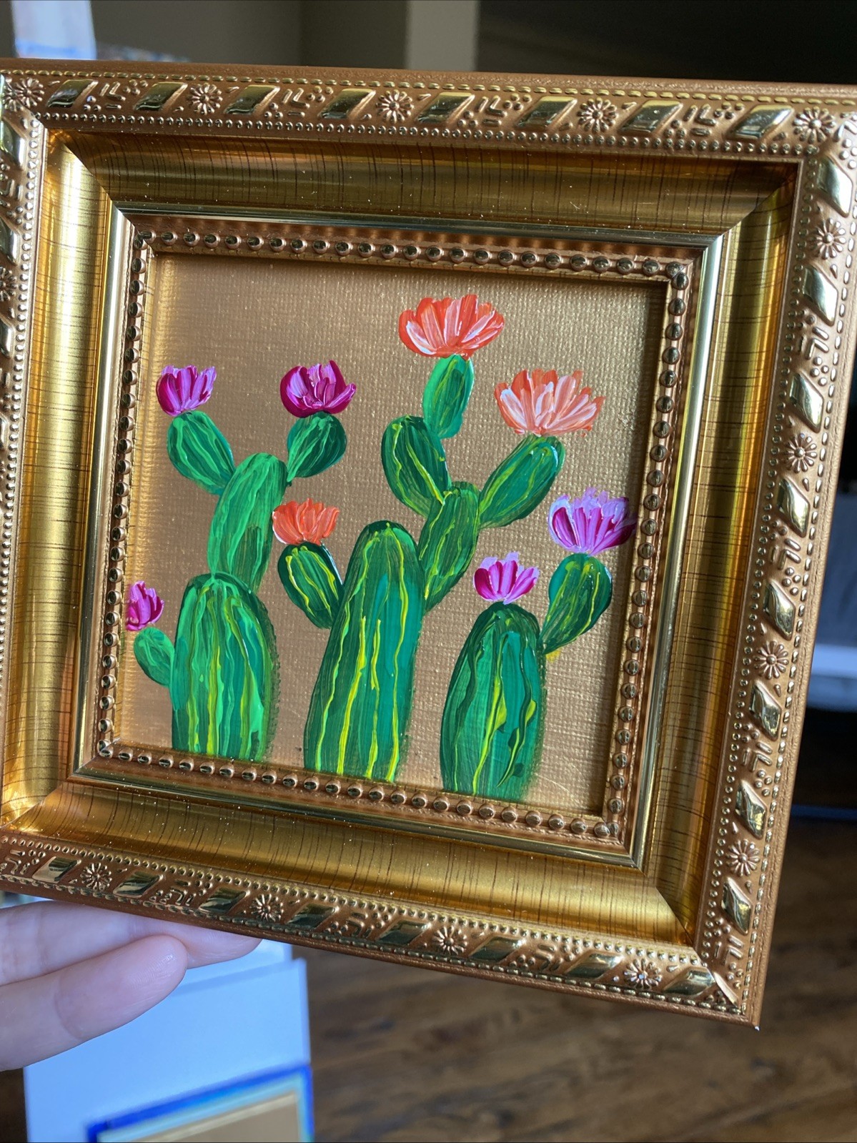Cactus,abstract Flower,Original Acrylic Painting On Canvas Panel,4/4 Framed