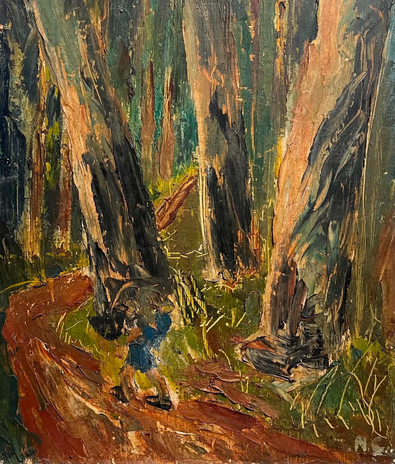 AUSTRALIAN SCHOOL SIGNED OIL «HIKING AMONGST TALL TREES» C 1970