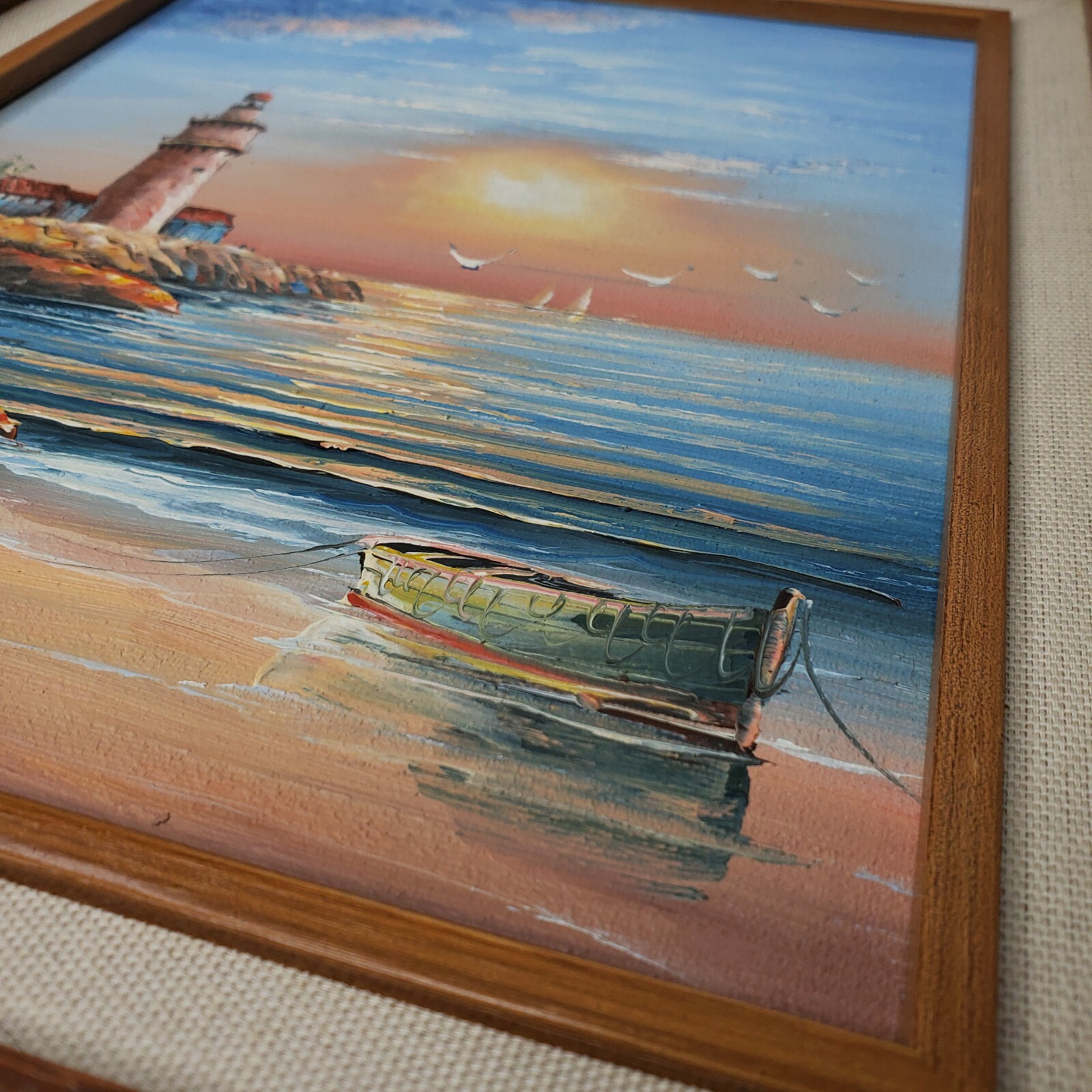 Lighthouse Seascape Oil Painting Sunset Boat Signed M Gartland Beach House Decor