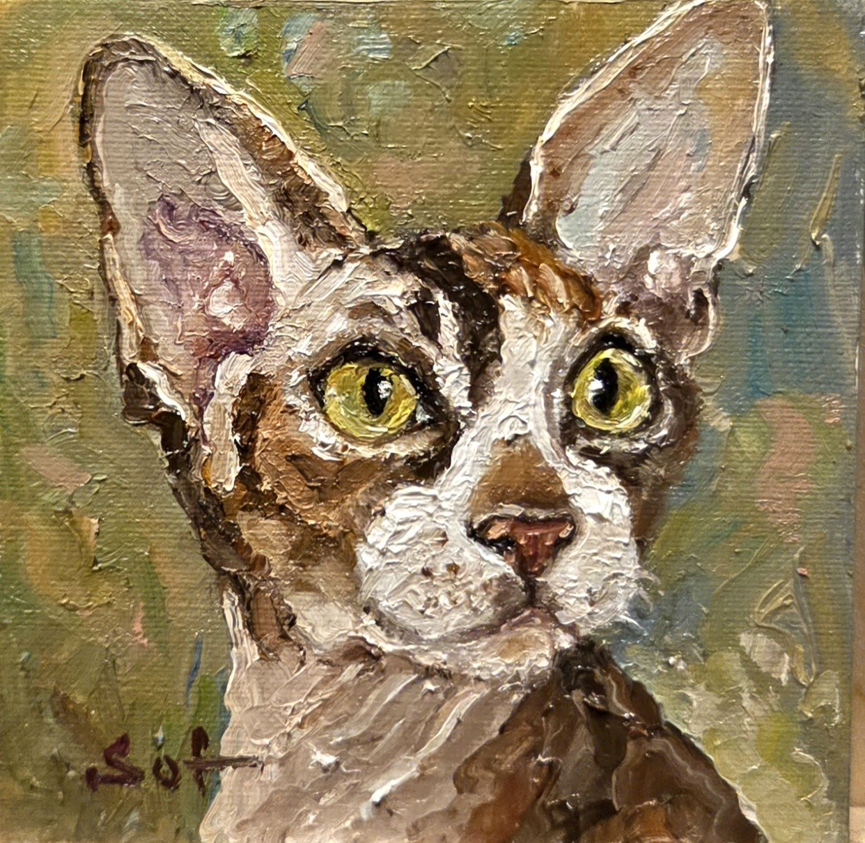 4″ by 4″ Handmade Oil Original Painting On Canvas Board Portrait Of Cat 😺😺