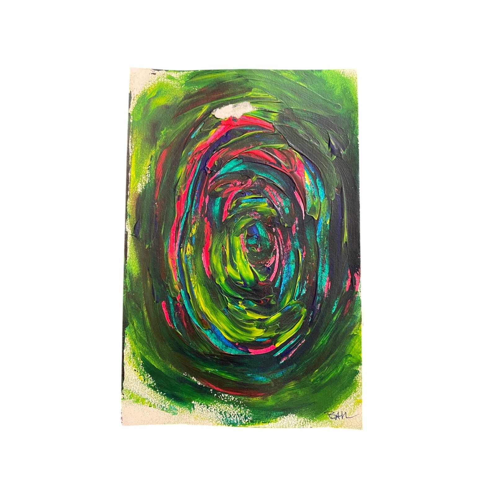 Original Abstract Impasto Swirl Painting Green Pink Blue Textured 5.5×8.5 Art