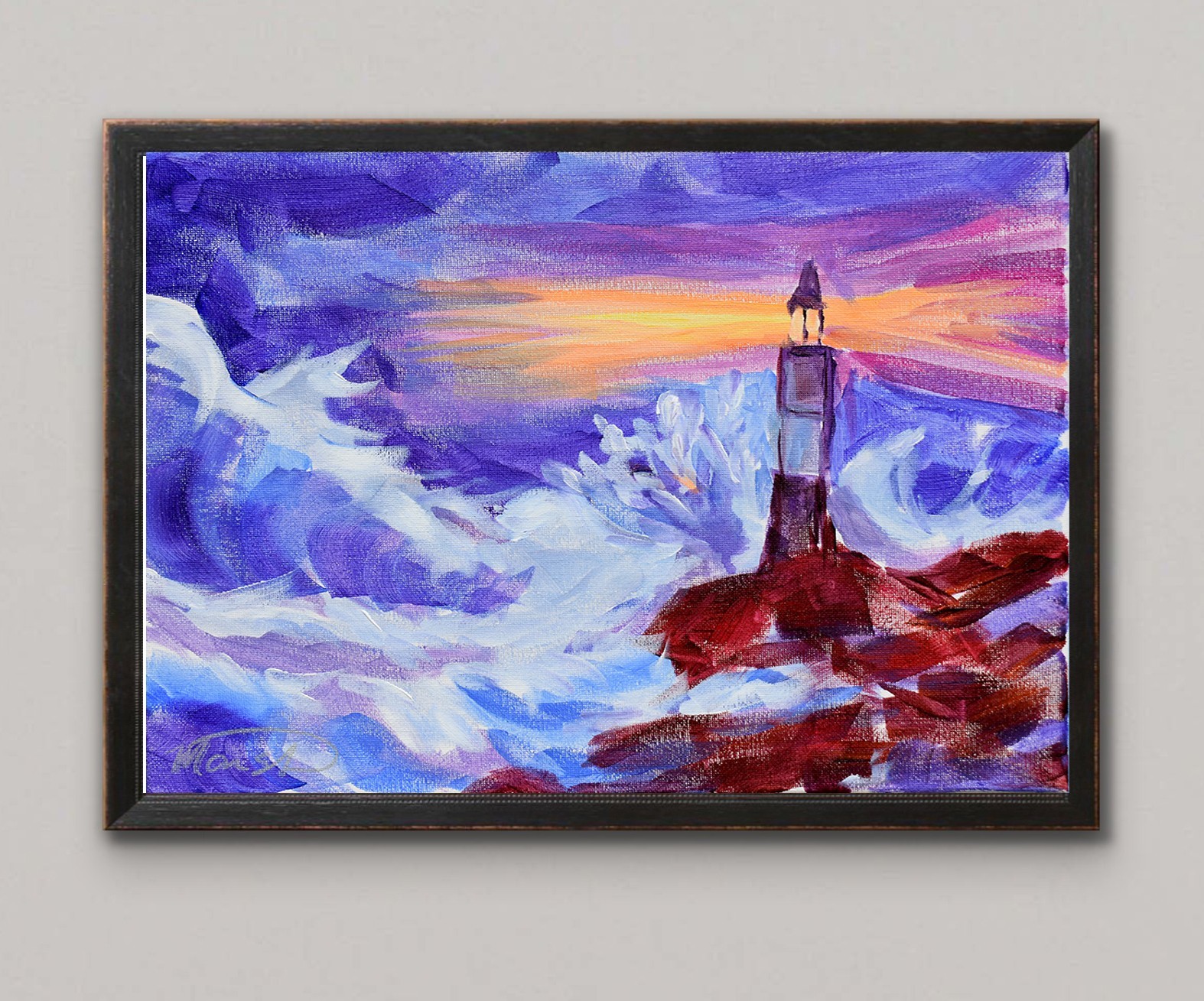 Original 11×14 Expressionism Lighthouse Abstract Acrylic Canvas Signed Deco