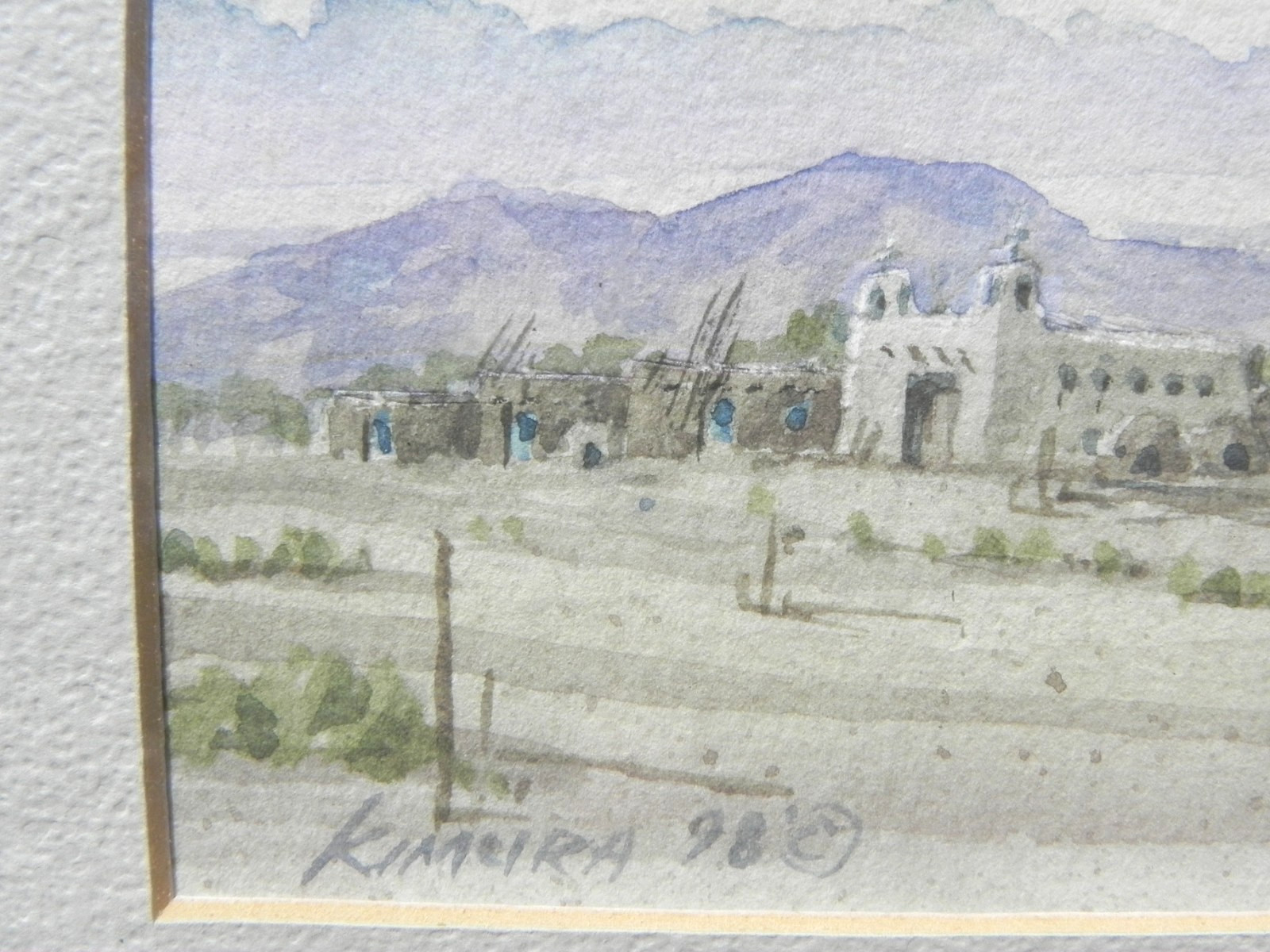 New Mexico Southwest art small watercolor painting mission church Eugene Kimura